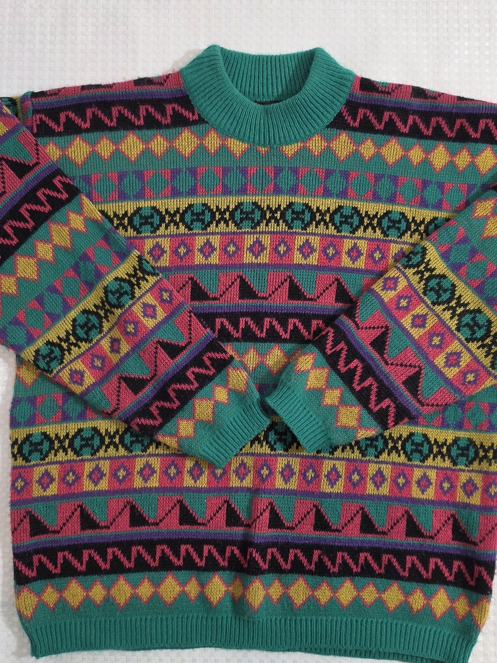 Vintage 80s 90s Geometric Knit Grandpa Sweater Coogi Style Retro Patterned M/L